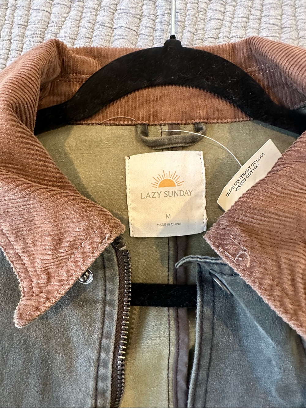Waxed Cotton Jacket with Brown Corduroy Collar - Olive - Picture 3 of 9